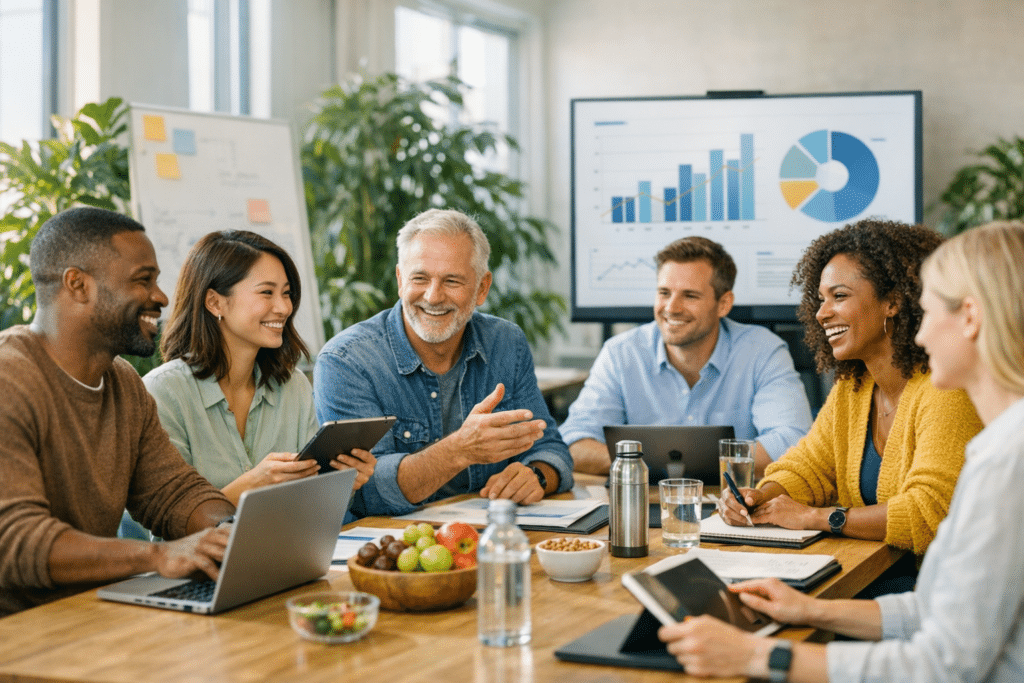 Diverz, motivált munkatársak együttműködése modern irodában – munkaerőpiaci trendek 2025-ben