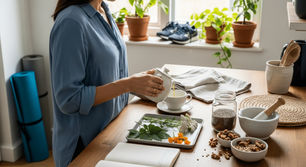 ösztrogénhiány okai: negyvenes nő gyógynövény teát készít a konyhában