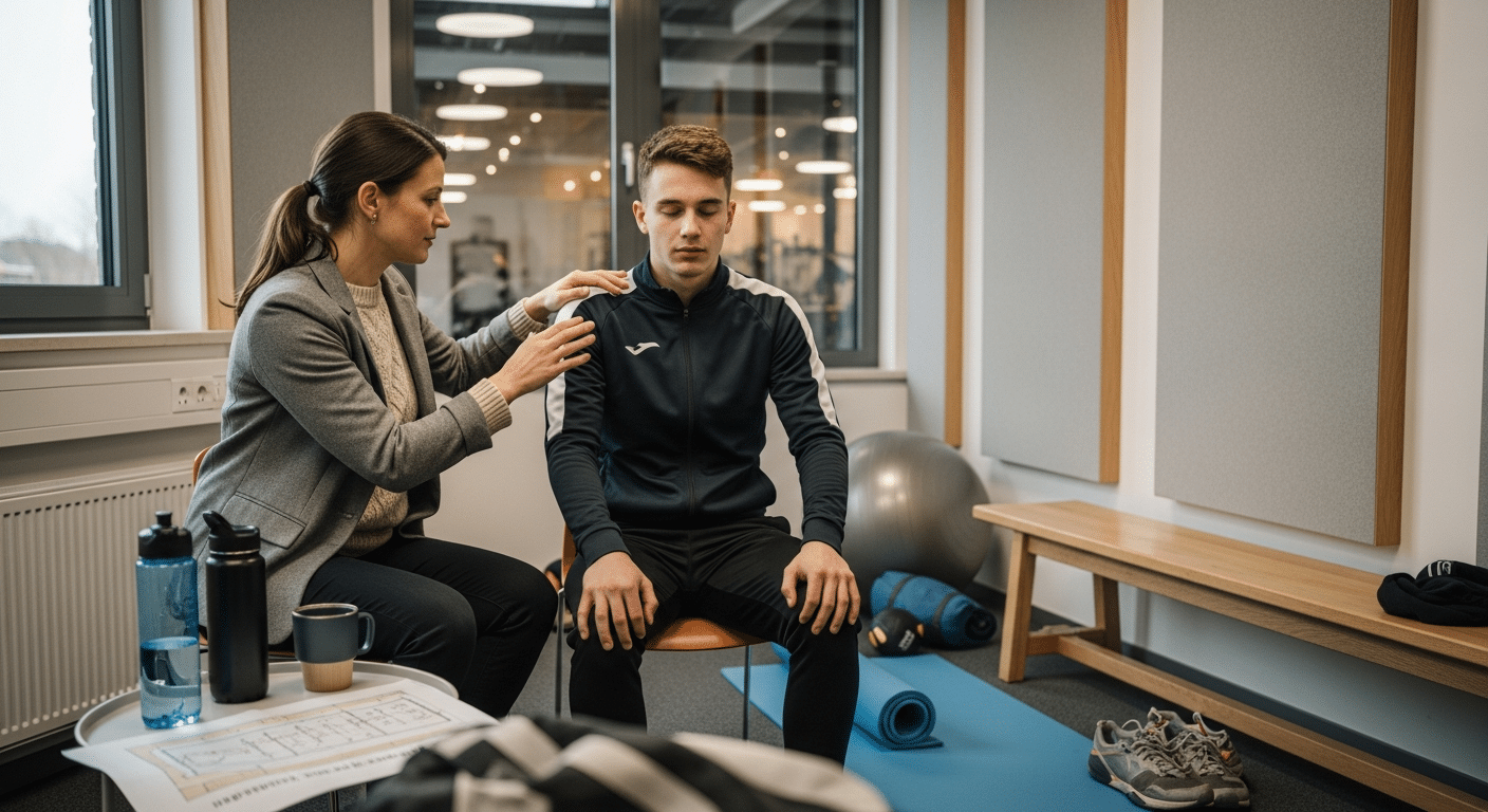 sportpszichológus légzőgyakorlatot vezet fiatal sportolónak modern klinikán