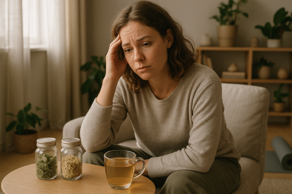 Fiatal nő stressz miatt fáradt, természetes gyógynövényekkel a hormonális egyensúlyért