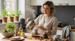 életmód és női egészség: nő cickafark teát készít napsütötte konyhában
