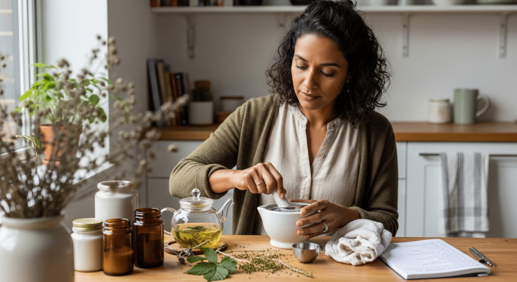gyógynövények erős menstruációra: nő készít gyógynövénykeveréket konyhában