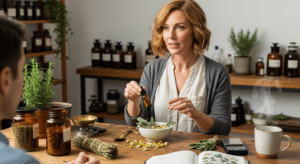 Gyógynövényes tanácsadásnál nő magyarázza a hatásmechanizmus lényegét