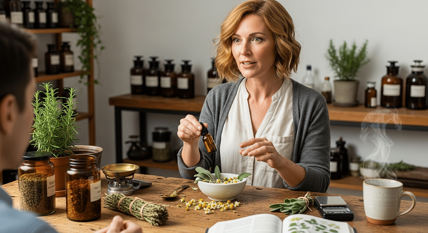 Gyógynövényes tanácsadásnál nő magyarázza a hatásmechanizmus lényegét