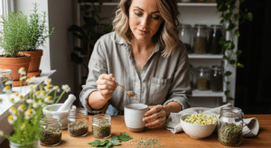 Nő készít gyógynövényteát a természetes egyensúly helyreállításáért.