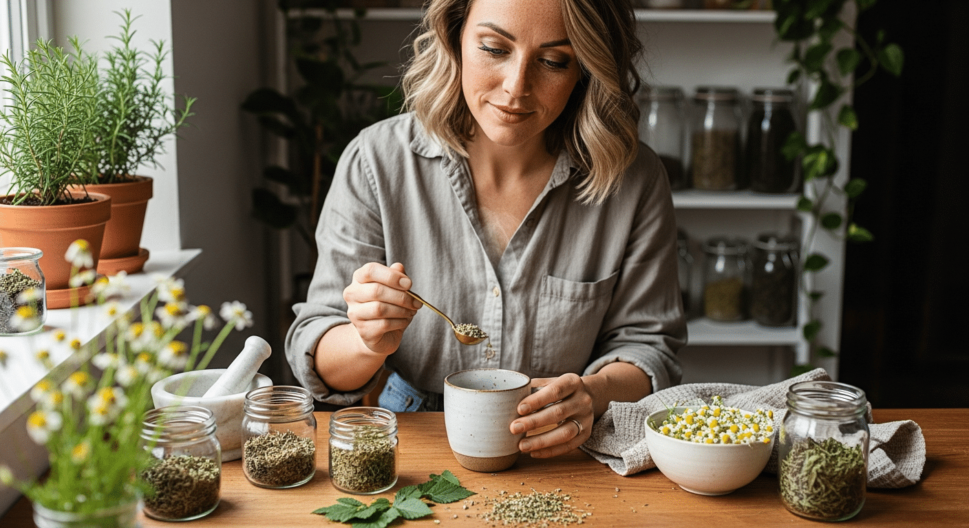 Nő készít gyógynövényteát a természetes egyensúly helyreállításáért.
