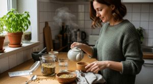 Nő készít gyógynövényes teát vizesedés enyhítésére a konyhában