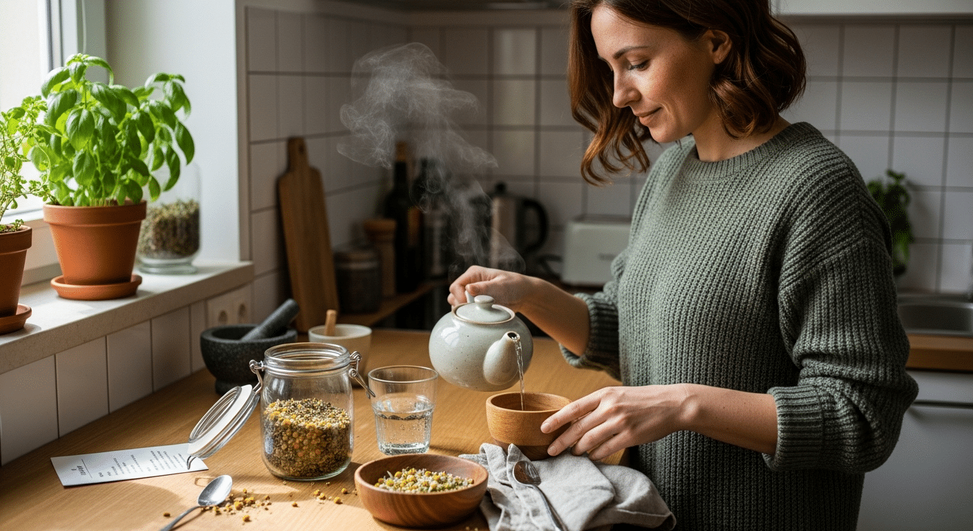 Nő készít gyógynövényes teát vizesedés enyhítésére a konyhában
