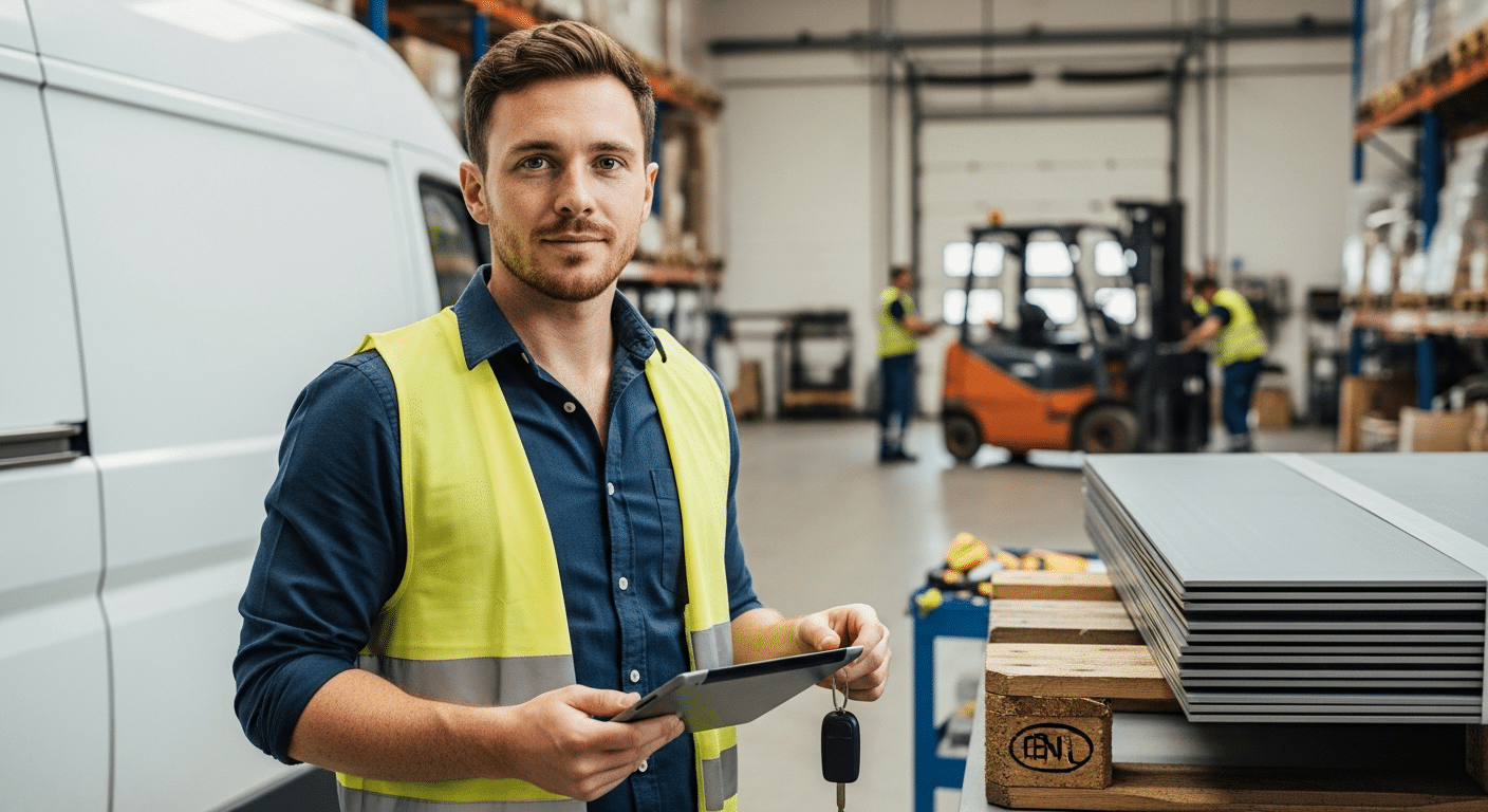 Logisztikai vezető tablet mellett, b kategóriás jogosítvány jelzésére furgonkulccsal