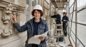 Építész tervekkel felújítás alatt álló homlokzat előtt — műemlék felújítás budapesten