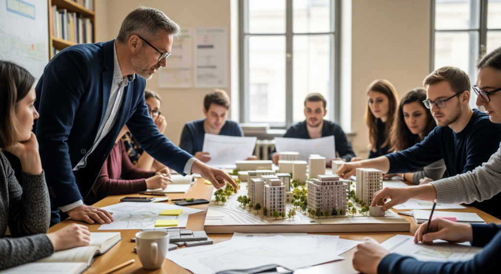 Közigazgatási szeminárium: előadó és hallgatók településfejlesztés makettel