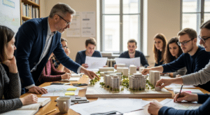 Közigazgatási szeminárium: előadó és hallgatók településfejlesztés makettel