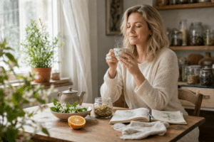 Nő inhalálja a narancsvirág tea illatát, békés pillanat