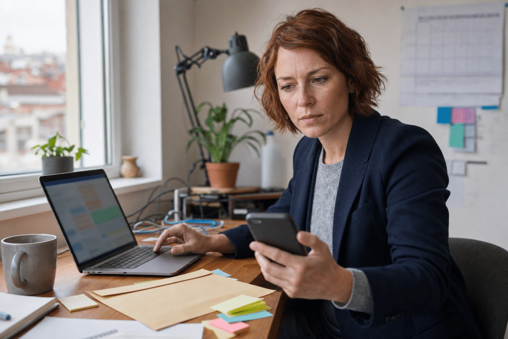 Koncentrált nő otthoni irodában laptopnál telefonjával, domain visszaállítás gyorsasága