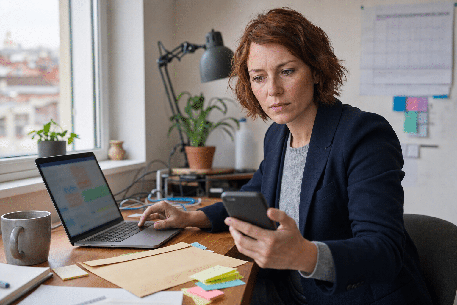 Koncentrált nő otthoni irodában laptopnál telefonjával, domain visszaállítás gyorsasága