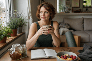 Nő teásbögrével konyhában, relaxálva — hormonális problémák természetes támogatása