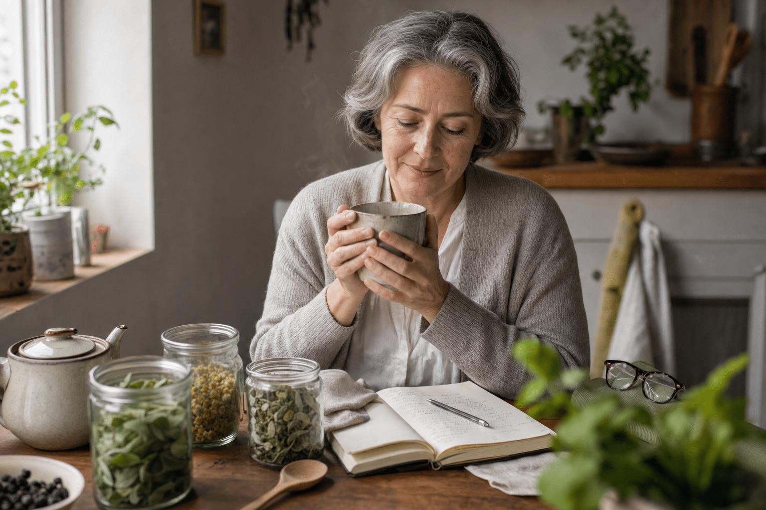 Menopauza és szorongás: hatvanas nő nyugtató gyógynövényteával